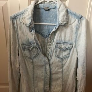 Vanity Distressed Denim Shirt Lace Accents -Medium